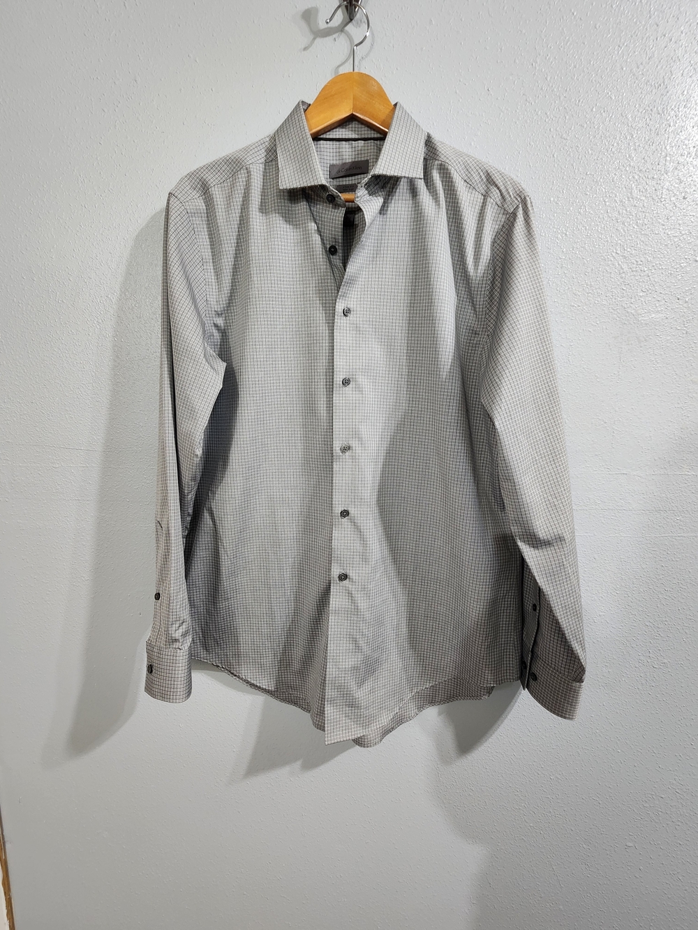 Calvin Klein Gray Micro-Check Button Up Dress Shirt Slim Fit 16 1/2  34-35 16.5